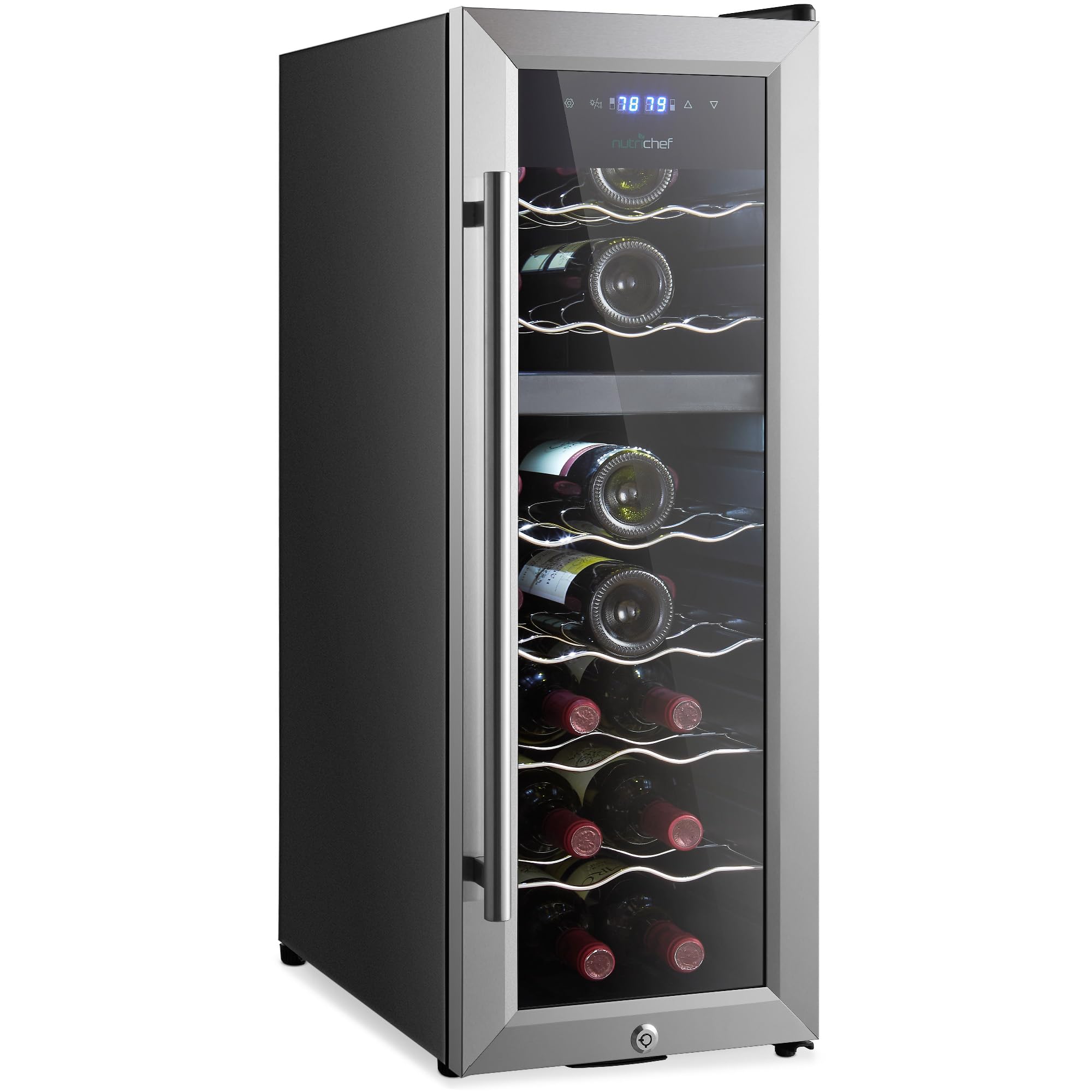 NutriChef PKCWCDS184 Wine Refrigerator Cellar, 18 Storage and 58.2 Liters Internal Capacity, Single Zone Chiller with Digital Touch Button Control, Placement for Standing Bottles and Air Tight Seal