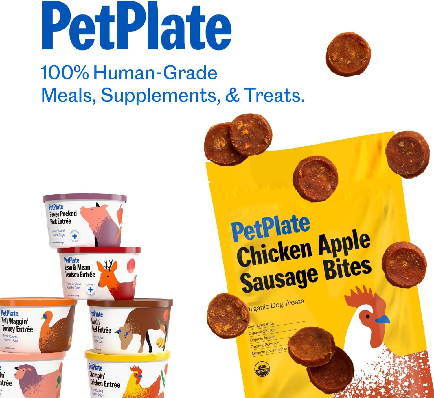 PetPlate Chicken Apple Sausage Bites, Human Grade Dog Treats, All Life Stages, Grain-Free, Organic and Real Ingredients, High Protein, Healthy Snacks (Pack of 1, 4.5 Ounce)