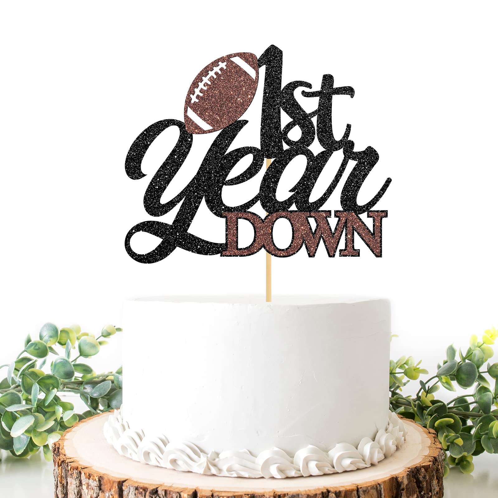 Helewilk 1st Year Down Cake Topper, Football Cake Decor for Boys Girls 1st Birthday/Baby Shower Party Decoration, Sports Theme One Year Birthday Party Cake Decor, Football Birthday Party Supplies