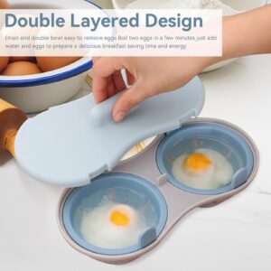 Microwave Egg Poacher, 2 Cavity Edible Silicone Drain Egg Boiler Set Double Egg Cups for Boiled Eggs Egg Maker Poached Egg Cooker Steamer Kitchen Cooking Gadget Tools(blue)