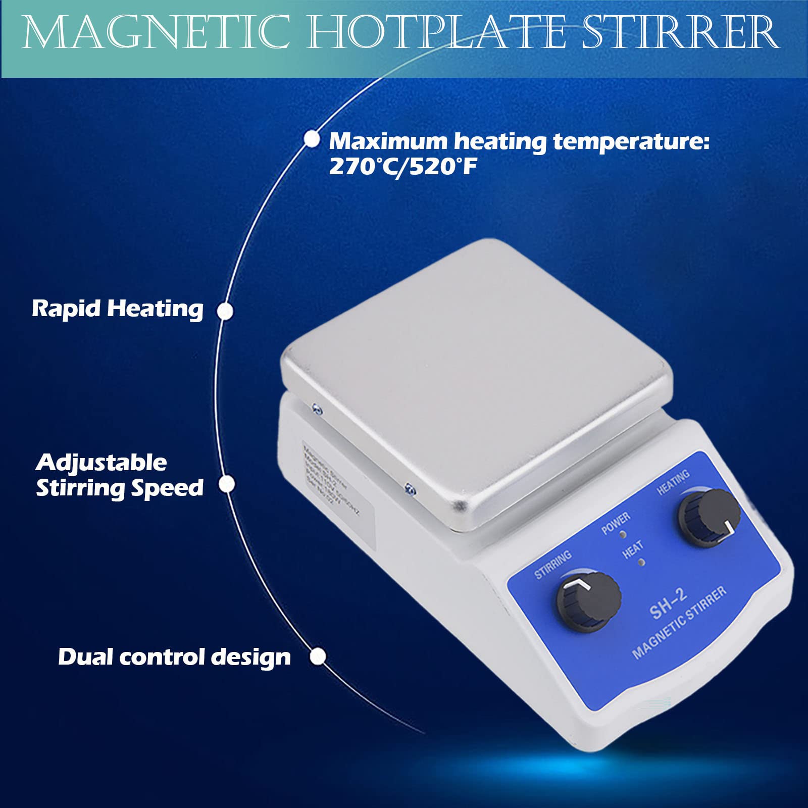 Magnetic Stirrer Hot Plate Mixer 1000ml Stirring Capacity Magnetic Hotplate Stirrer SH-2 Magnetic Stirrer Lab Hotplate Magnetic Stirrer Heater Max 520°F 100-2000 RPM