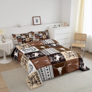 Manfei Western Cowboy Comforter Set Queen Size, Bull Skull Horse Arrow Print Quilt Set with 2 Pillowcases, Geometric Grid Brown Plaid Print Bedding Set 3pcs for Kids Boys Teens Bedroom Decor