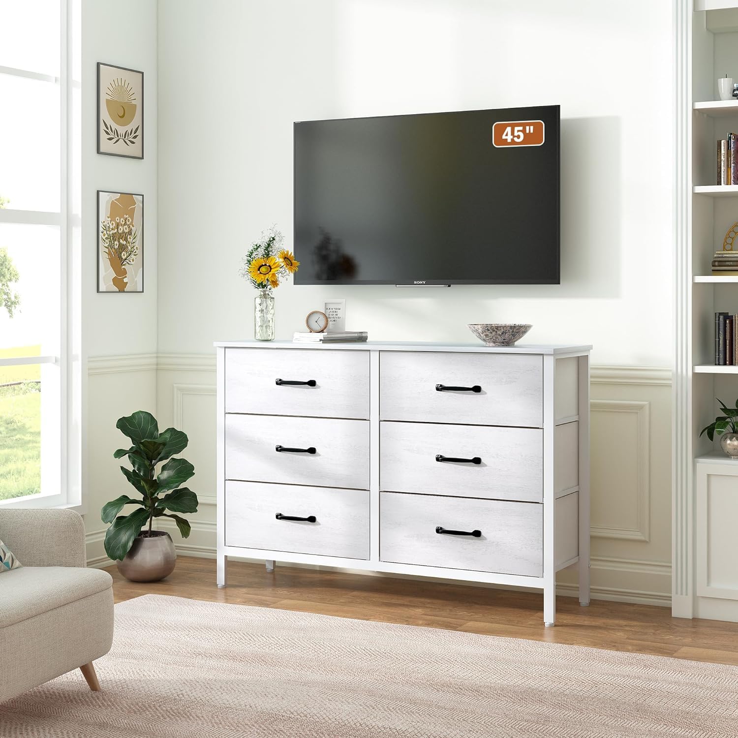 LYNCOHOME White Dresser with 6 Drawers, Wide Dresser for Bedroom and 50" TV, Entertainment Center with Metal Frame, Wooden Top, Fabric Drawers Dresser for Bedroom, Hallway, Entryway, White