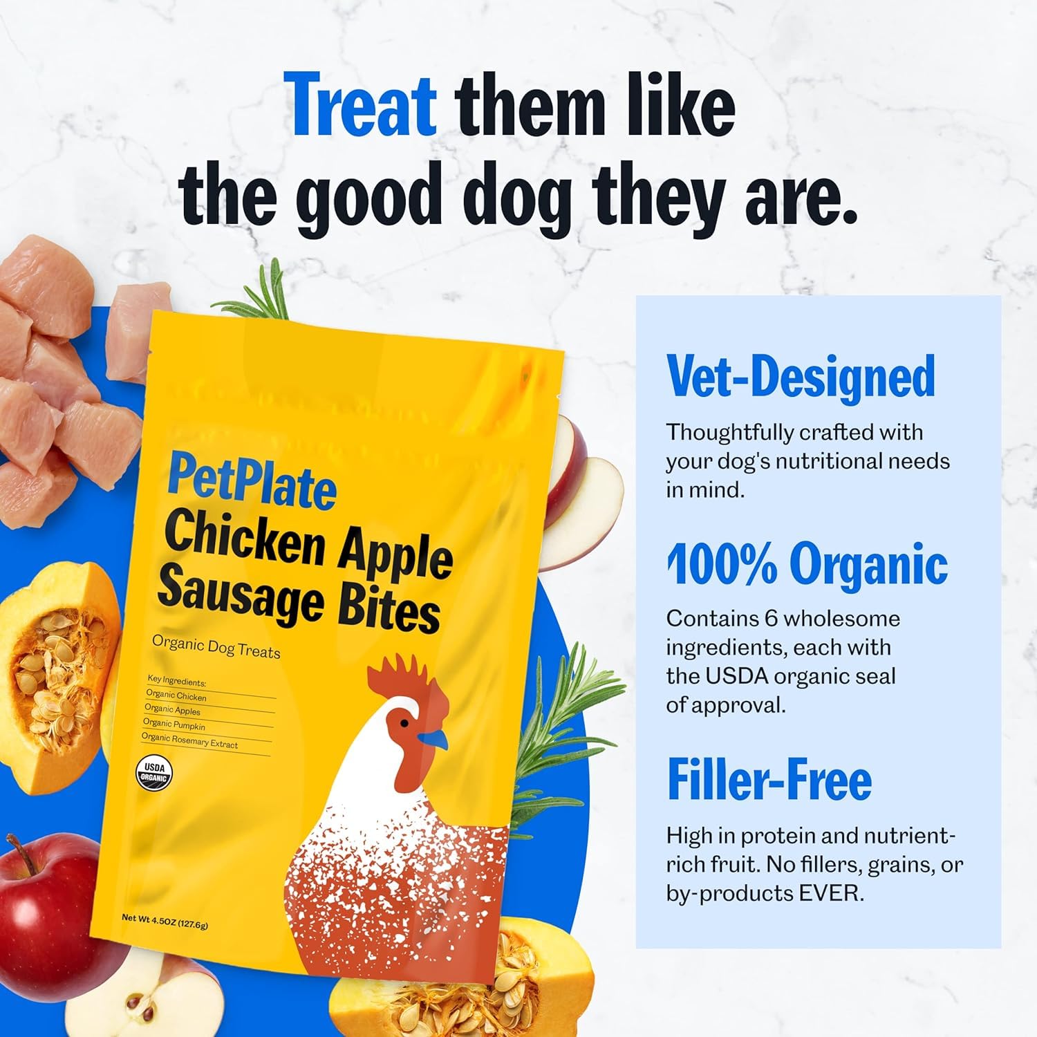 PetPlate Chicken Apple Sausage Bites, Human Grade Dog Treats, All Life Stages, Grain-Free, Organic and Real Ingredients, High Protein, Healthy Snacks (Pack of 1, 4.5 Ounce)