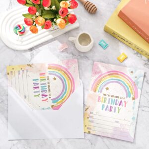 AnyDesign Rainbow Birthday Party Invitations with Envelopes Stickers Watercolor Birthday Paper Invitation Cards for Kids Party Celebration Supplies, Set of 20