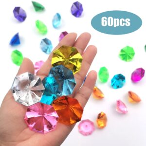 WBJKZJD 60pcs Acrylic Diamond Gems Pirate Plastic Gems Large Acrylic Gems Jewels Bulk Treasure Chest Hunt Party Favors 25 Carat for Kids (Multicolor)