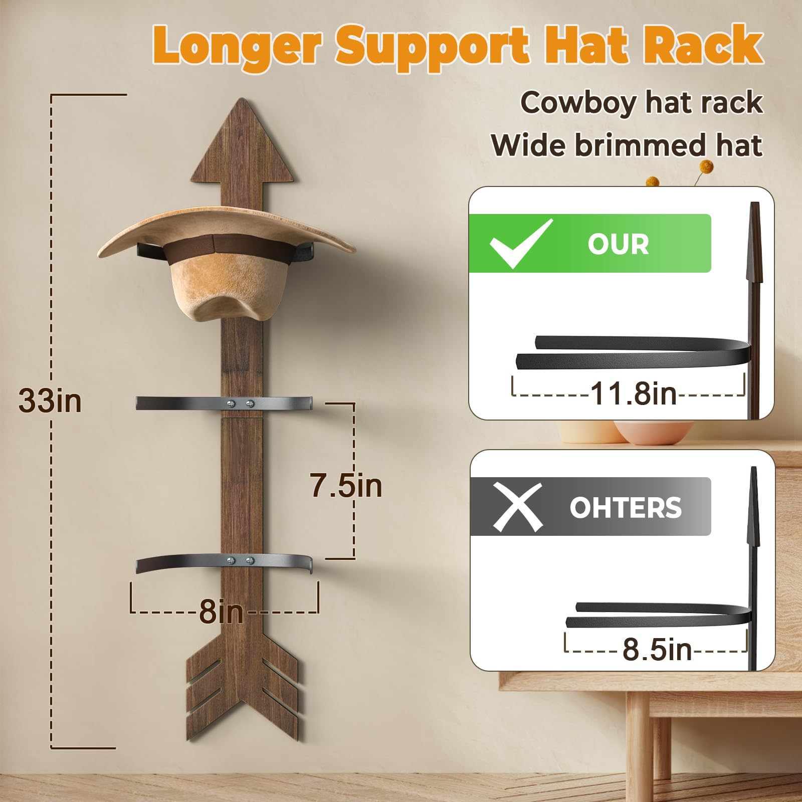 HYDERMUS Cowboy Hat Holder Rustic Wood Arrow Design Hat Organizer 4 Pieces Cowboy Hat Rack Western Decor Hat Storage Hat Hanger for Storage and Organization Walnut