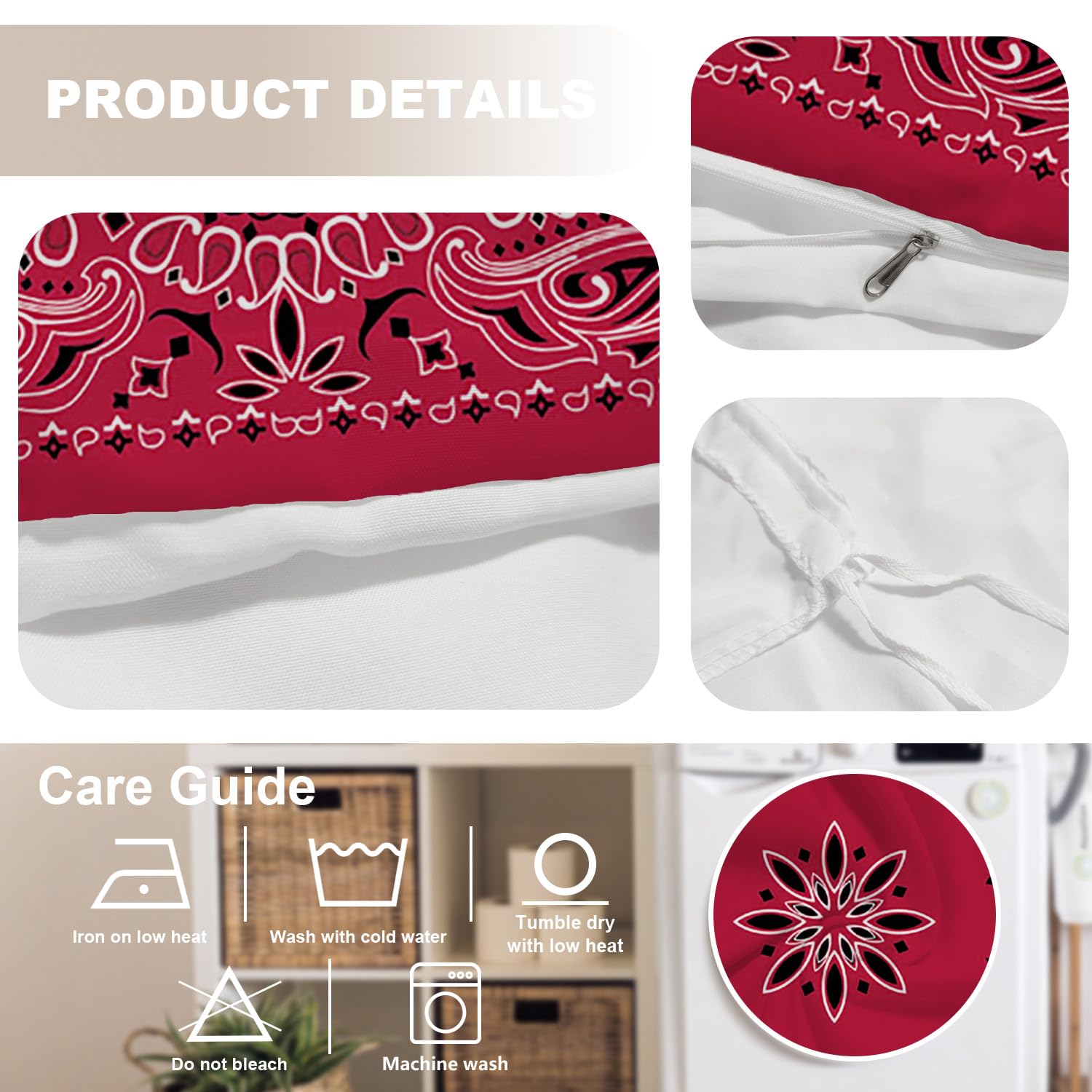 BaoNews Red Paisley Bandana Duvet Cover Set Full Size,3 Pieces Bandana with Red Paisley in The Middle Bedding Set Hotel Quality PolyesterComforter Cover Set with 2 Pillowcases(No Filler)