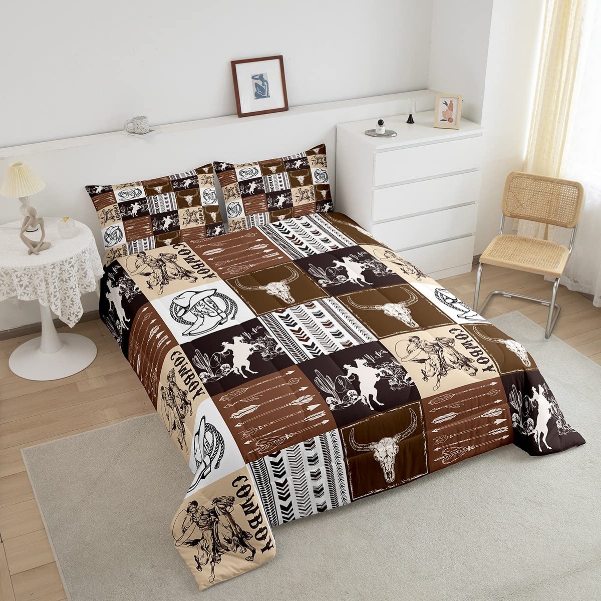 Manfei Western Cowboy Comforter Set Queen Size, Bull Skull Horse Arrow Print Quilt Set with 2 Pillowcases, Geometric Grid Brown Plaid Print Bedding Set 3pcs for Kids Boys Teens Bedroom Decor