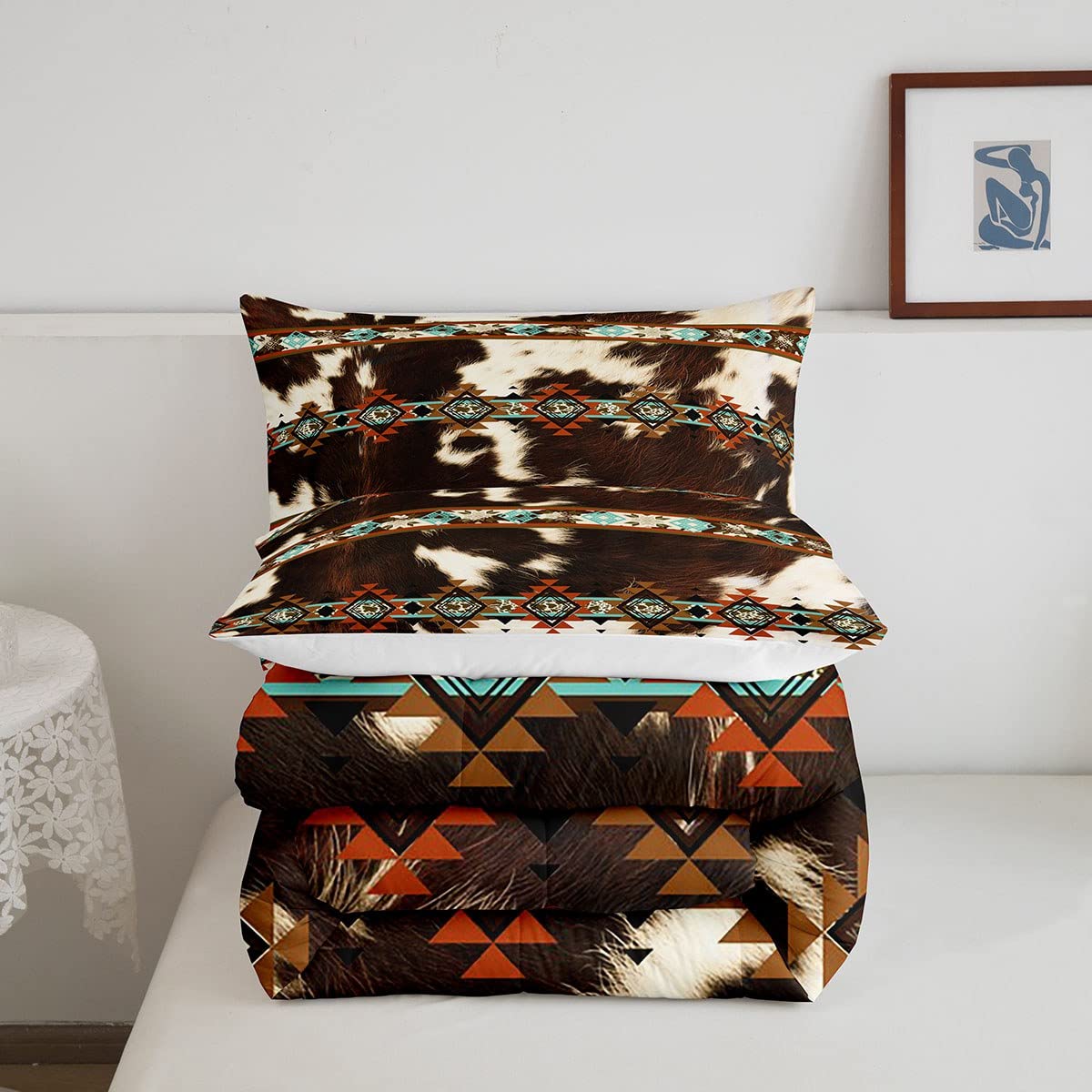 Erosebridal Cowhide Quilt Brown Highland Cow Print Queen Comforter Set,Western Bedding Set Exotic Aztec Duvet Insert,Farmhouse Wild Animals Longhorn Skin Room Decor Cowboys Gifts for Men