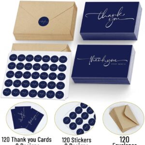 120 Classy Navy Blue Thank You Cards Bulk - Professional Looking - Thank You Greeting Notes, Blank Inside with matching Brown Kraft Envelopes & Stickers Perfect for Wedding, Business,Graduation & Much