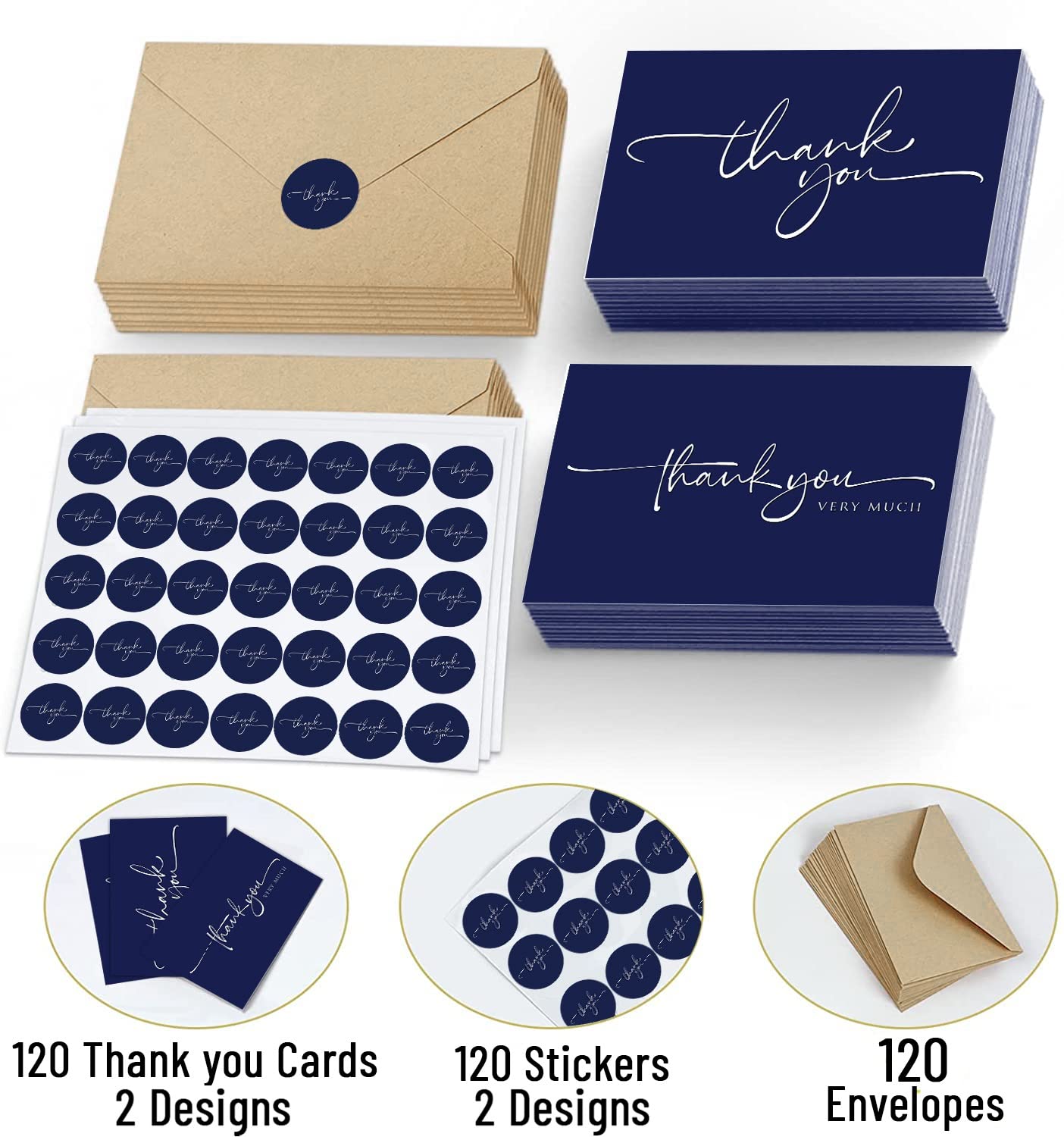 120 Classy Navy Blue Thank You Cards Bulk - Professional Looking - Thank You Greeting Notes, Blank Inside with matching Brown Kraft Envelopes & Stickers Perfect for Wedding, Business,Graduation & Much