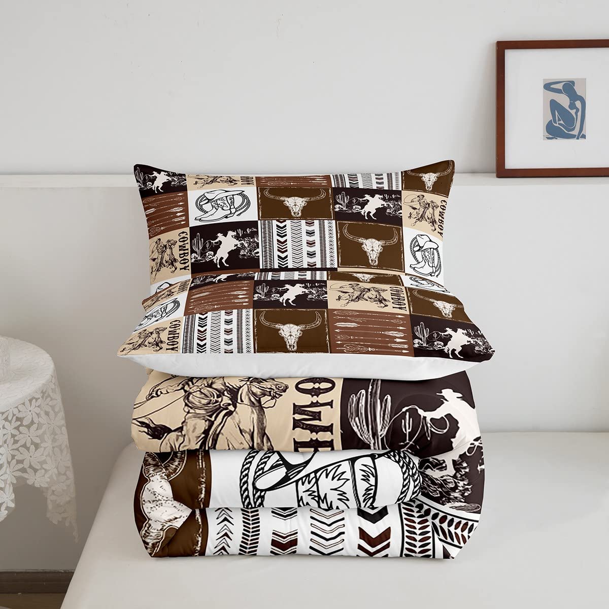 Manfei Western Cowboy Comforter Set Queen Size, Bull Skull Horse Arrow Print Quilt Set with 2 Pillowcases, Geometric Grid Brown Plaid Print Bedding Set 3pcs for Kids Boys Teens Bedroom Decor