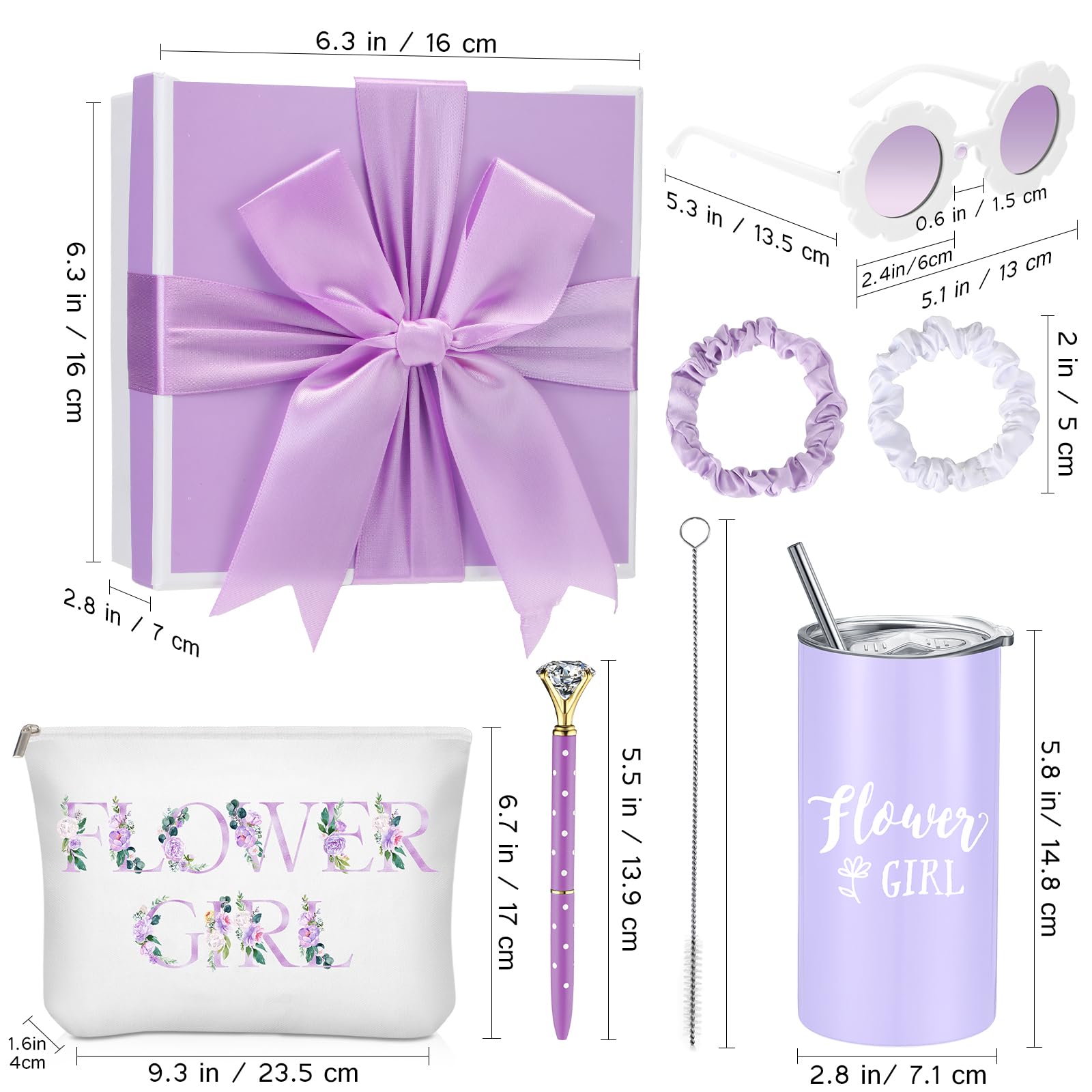 Sieral 9 Pcs Flower Girl Proposal Gifts Set Personalized Flower Girl Tumbler with Straw Bride Gift Box Canvas Bag Sunglasses Hair Ring Diamond Pen Envelope Bride Gift for Wedding(Purple,Retro)