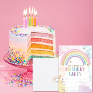 AnyDesign Rainbow Birthday Party Invitations with Envelopes Stickers Watercolor Birthday Paper Invitation Cards for Kids Party Celebration Supplies, Set of 20