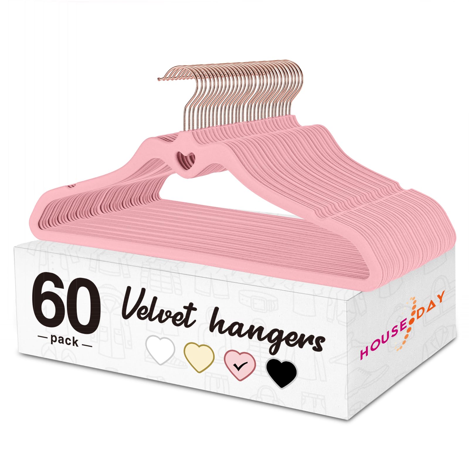 HOUSE DAY Pink Velvet Hangers 60 Pack, Non Slip Flocked Felt Hangers, Sturdy Velvet Clothes Hangers, Cute Heart Hangers, Heavy Duty Coat Hangers, Ultra Slim Pink Hangers for Closet Space Saving