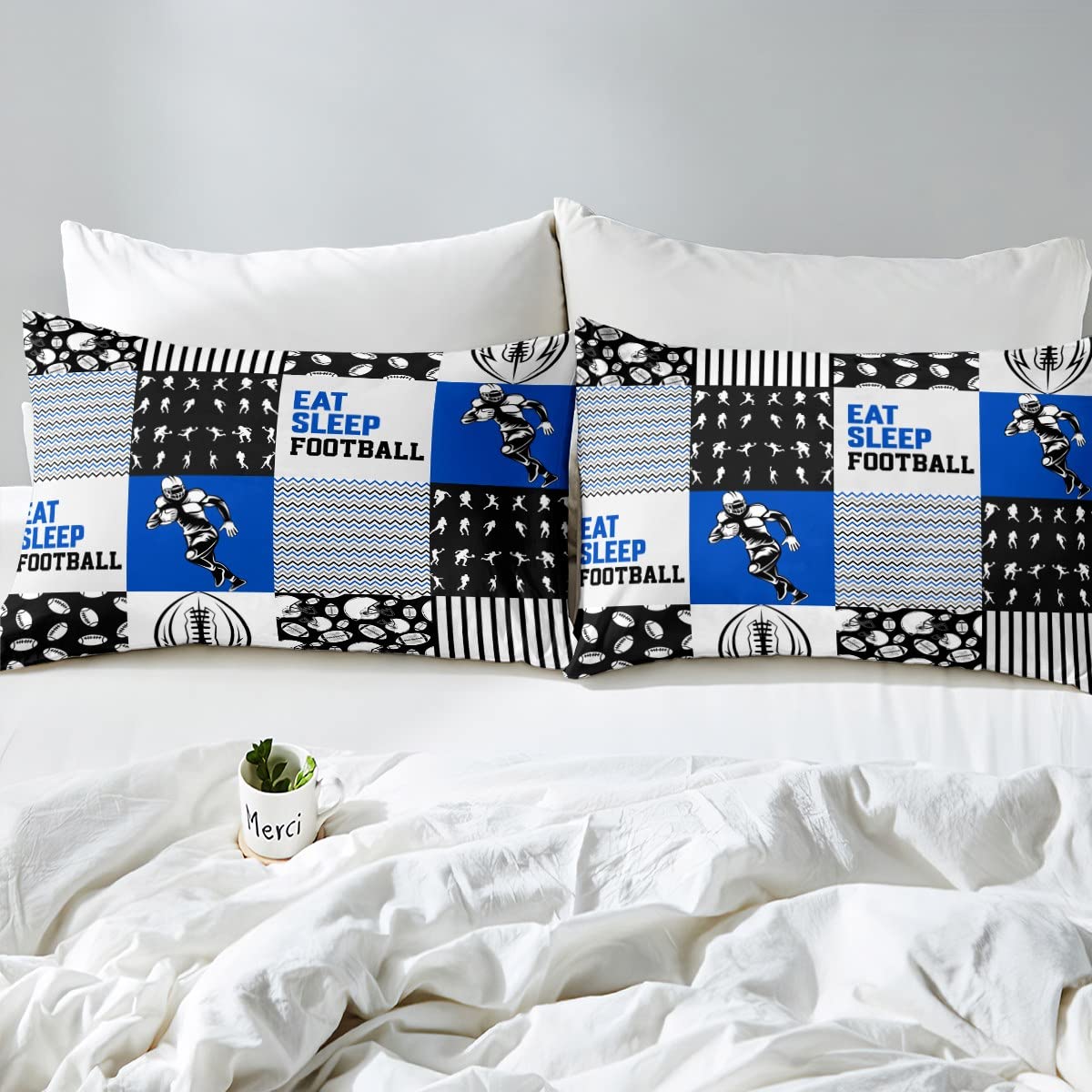 Erosebridal Football Bedding Sets Full Size,Football Player Duvet Cover for Teens Adult,Ball Game Patchwork Comforter Cover for Gift,Geometry Eat Sleep Football Artwork Bed Sets with 2 Pillowcases