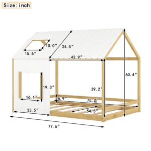 Bellemave House Bed Full Size Montessori Style Floor Bed Frame Wood Kids Cabin Beds Fun Playhouse Bed with Roof and Window for Girls Boys Teens, White with Natural