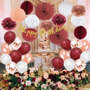 Rose Gold and Burgundy Birthday Party Decorations Rose Gold and White Pom Poms Lanterns Fans Balloons Decor Kit Burgundy Birthday Decorations for Women with Happy Birthday Banner Cake Topper Gold