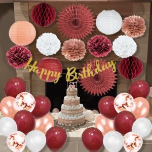 Rose Gold and Burgundy Birthday Party Decorations Rose Gold and White Pom Poms Lanterns Fans Balloons Decor Kit Burgundy Birthday Decorations for Women with Happy Birthday Banner Cake Topper Gold