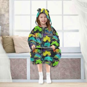 JHKKU Monster Truck Car Wearable Blankets for Kids, Oversized Flannel Blanket Hoodie for Kids, Warm Blanket Hoodie for Boys Girls with Pockets