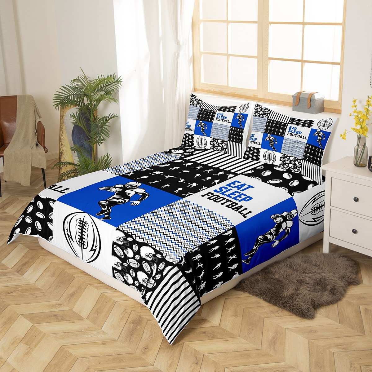 Erosebridal Football Bedding Sets Full Size,Football Player Duvet Cover for Teens Adult,Ball Game Patchwork Comforter Cover for Gift,Geometry Eat Sleep Football Artwork Bed Sets with 2 Pillowcases