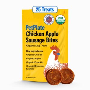 petplate chicken apple sausage bites, human grade dog treats, all life stages, grain-free, organic and real ingredients, high protein, healthy snacks (pack of 1, 4.5 ounce)