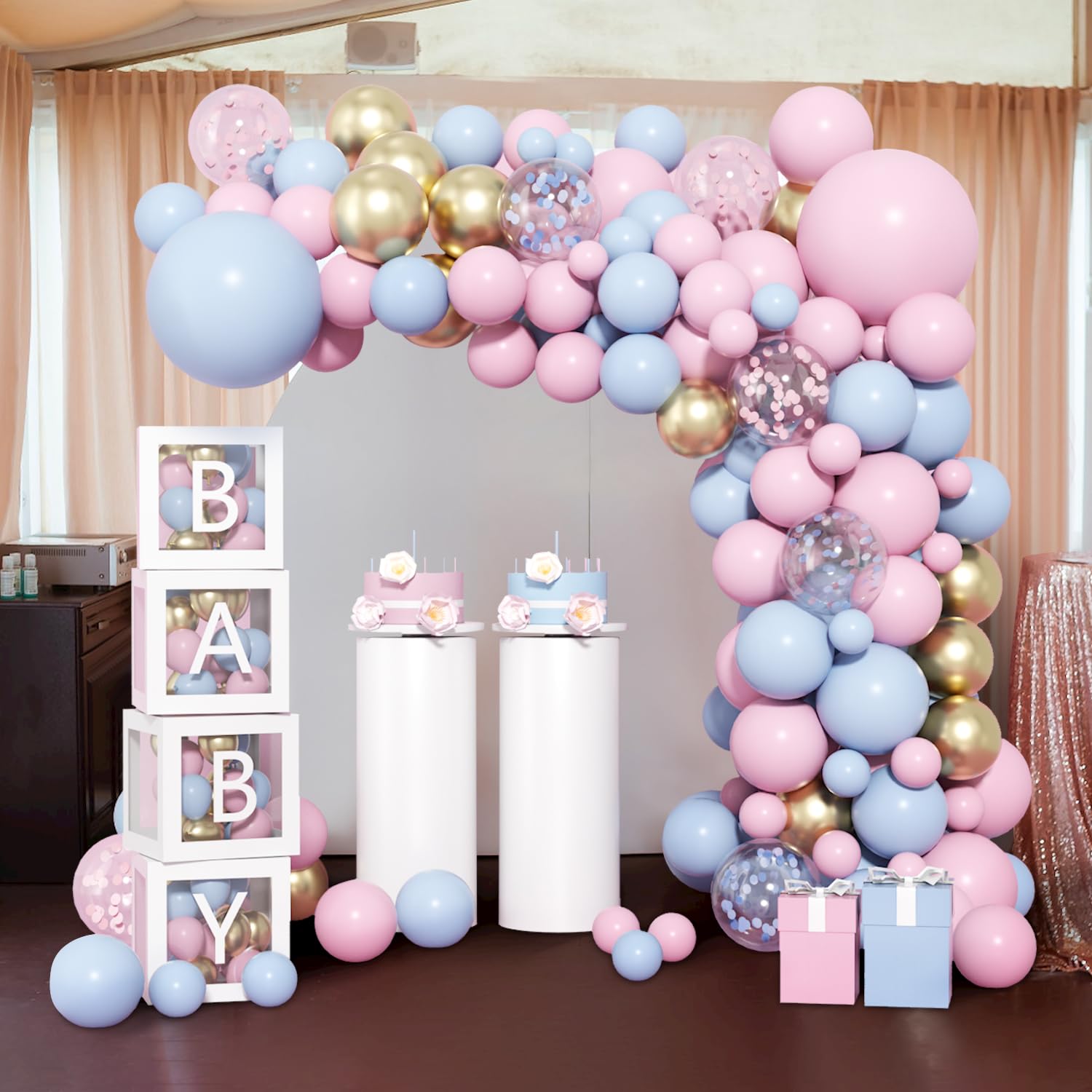 Pink and Blue Balloons Garland Arch Kit,18+12+10+5 Inch Gender Reveal Confetti Gold Latex Balloons for Boys Girls Baby Shower Decorations Gender Reveal Decor