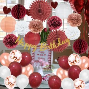 Rose Gold and Burgundy Birthday Party Decorations Rose Gold and White Pom Poms Lanterns Fans Balloons Decor Kit Burgundy Birthday Decorations for Women with Happy Birthday Banner Cake Topper Gold