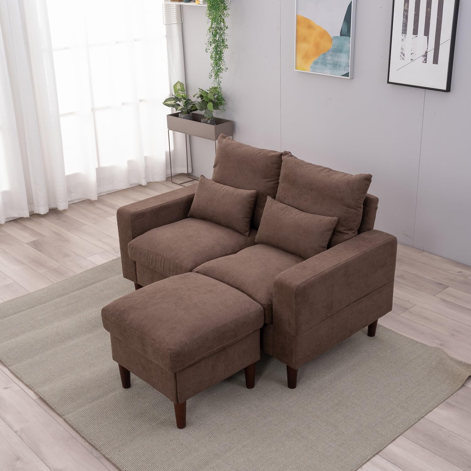 Panana 54.5” Loveseat, Modern Small Couch with Ottoman Footstool Upholstered Fabric, Love Seat Couches for Living Room, Love Seats Furniture for Bedroom, Office, Small Space, Small Apartment, Brown