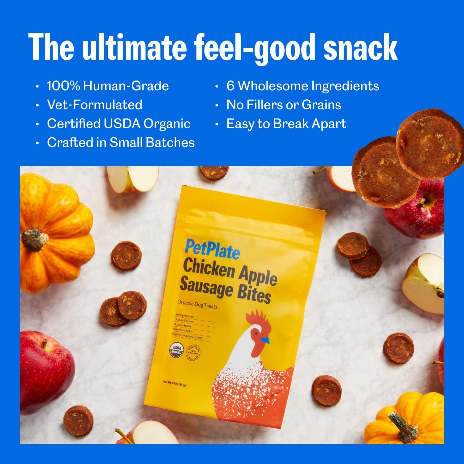 PetPlate Chicken Apple Sausage Bites, Human Grade Dog Treats, All Life Stages, Grain-Free, Organic and Real Ingredients, High Protein, Healthy Snacks (Pack of 1, 4.5 Ounce)