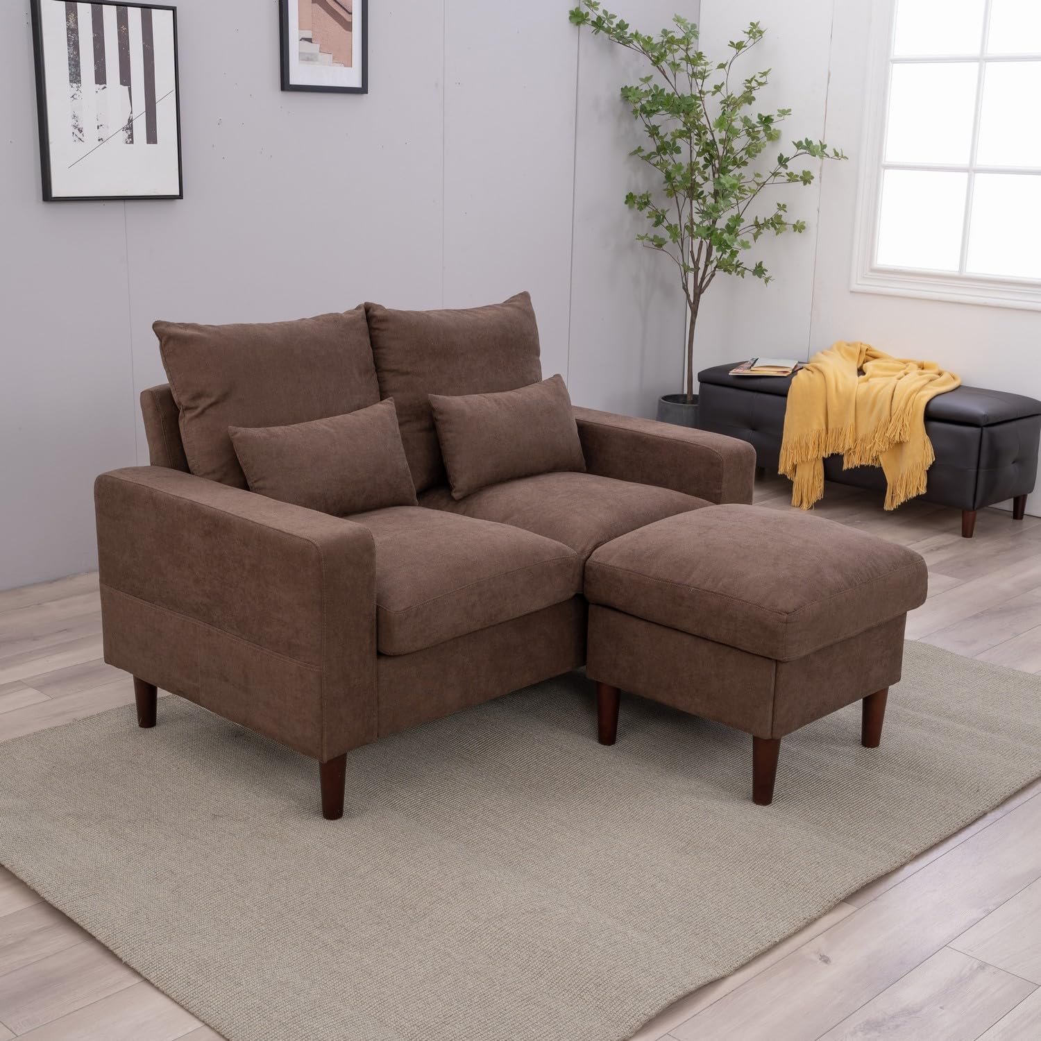 Panana 54.5” Loveseat, Modern Small Couch with Ottoman Footstool Upholstered Fabric, Love Seat Couches for Living Room, Love Seats Furniture for Bedroom, Office, Small Space, Small Apartment, Brown