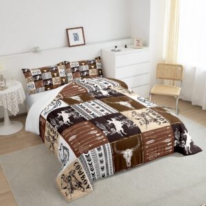 Manfei Western Cowboy Comforter Set Queen Size, Bull Skull Horse Arrow Print Quilt Set with 2 Pillowcases, Geometric Grid Brown Plaid Print Bedding Set 3pcs for Kids Boys Teens Bedroom Decor