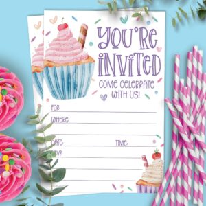 Cupcake Birthday Party Invitations (20 Count With Envelopes) - Watercolor Cupcakes And Sprinkles Birthday Invites