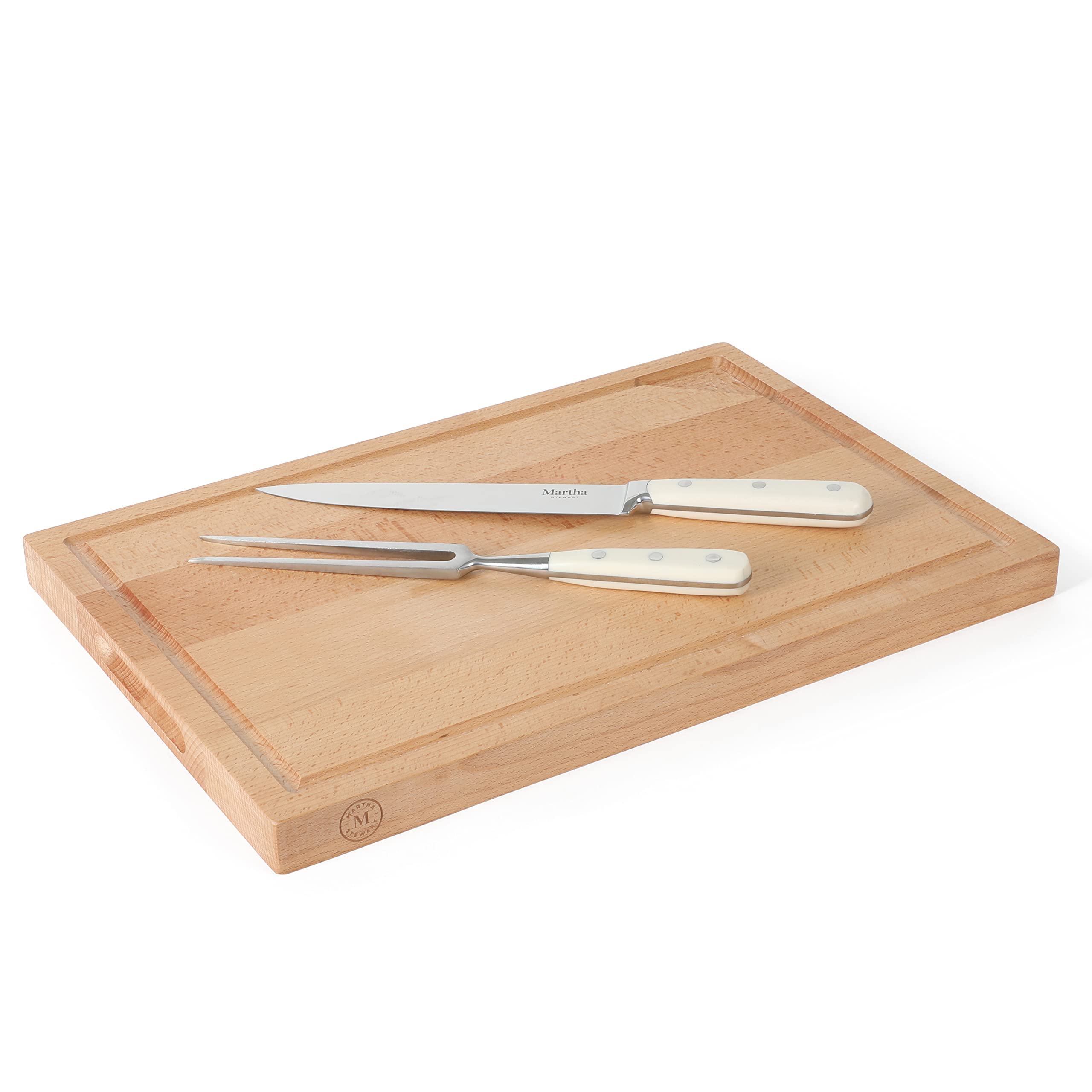 Martha Stewart Goswell 3pc Set w/ 8" Triple Riveted Stainless Steel Carving Knife, 6" Triple Riveted Stainless Steel Carving Fork w/Beech Wood Cutting and Serving Board