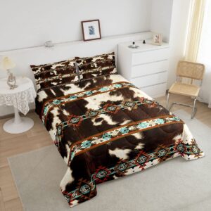 Erosebridal Cowhide Quilt Brown Highland Cow Print Queen Comforter Set,Western Bedding Set Exotic Aztec Duvet Insert,Farmhouse Wild Animals Longhorn Skin Room Decor Cowboys Gifts for Men