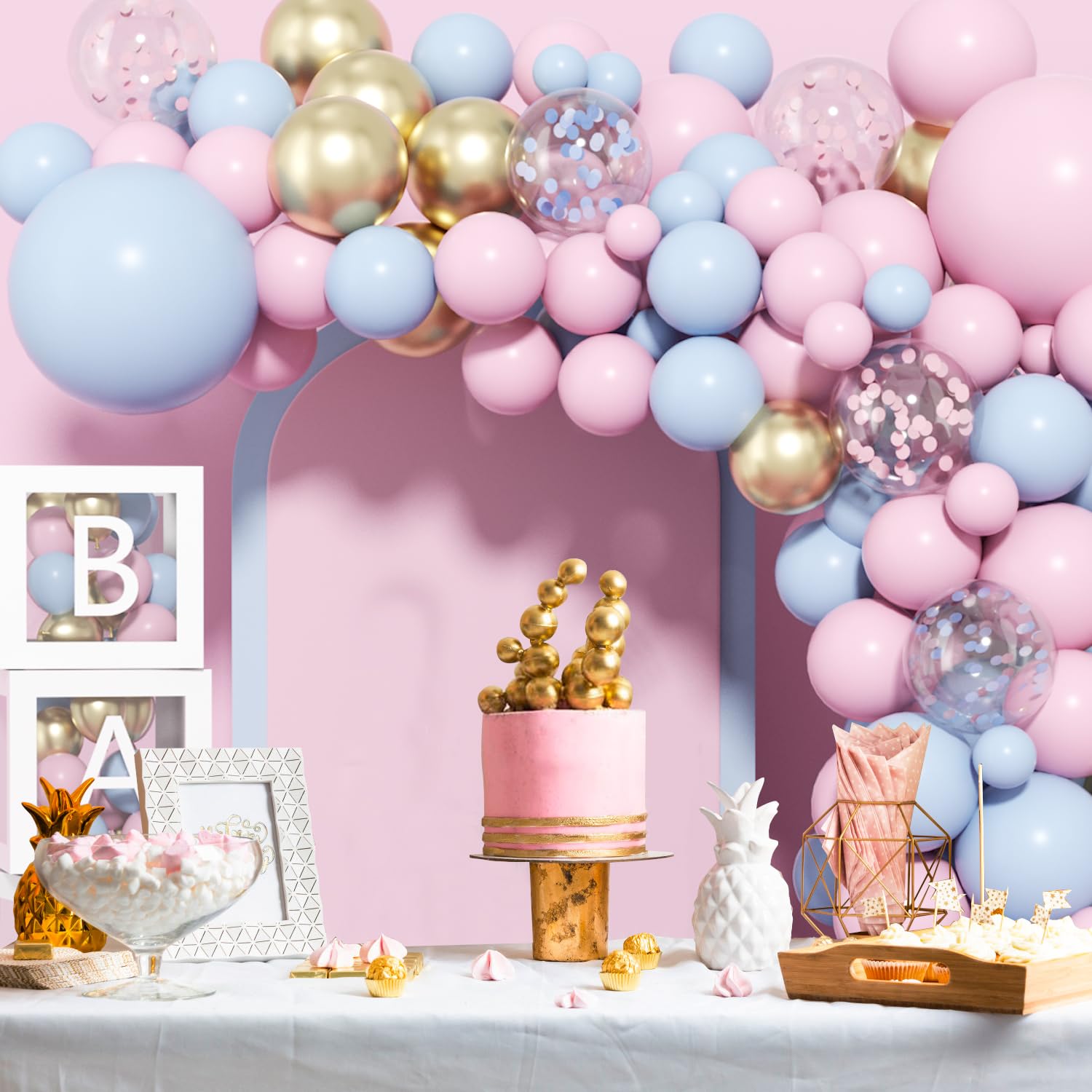 Pink and Blue Balloons Garland Arch Kit,18+12+10+5 Inch Gender Reveal Confetti Gold Latex Balloons for Boys Girls Baby Shower Decorations Gender Reveal Decor