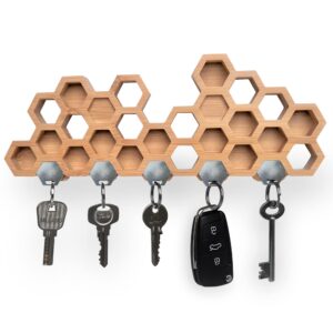 decorative key holder for wall - honeycomb magnetic key hooks for wall, heavy duty key organizer wall mount, multi key hanger for wall, keys holder, wood key rack for wall, modern key for wall