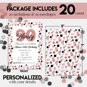 Amanda Creation Confetti Rose Gold Polka Dot 90th Birthday Party Invitations, 20 5x7 Fill-In Cards with Twenty White Envelopes