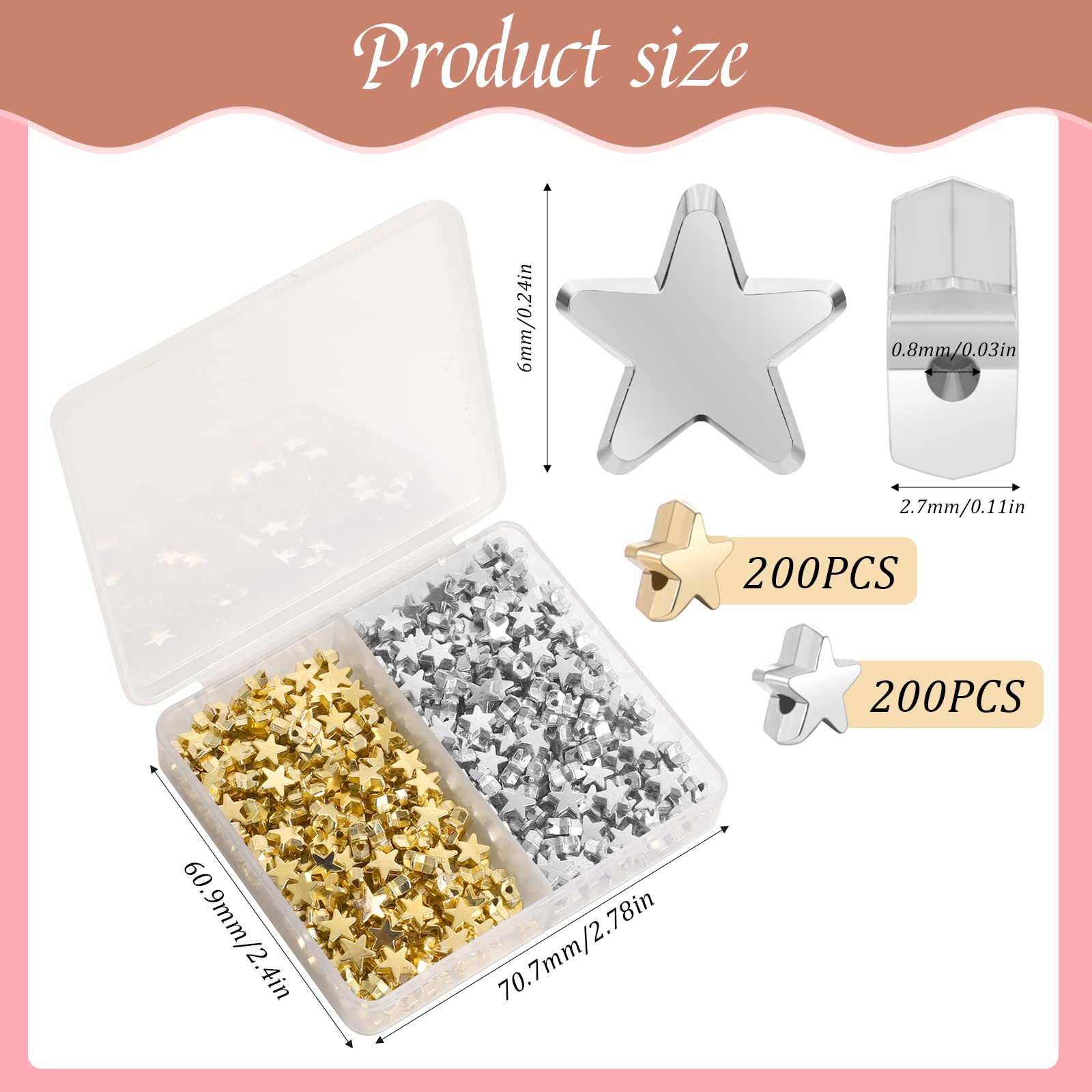 400 Pcs Star Shape Spacer Beads Star Buttons for Crafts Large Hole Star Loose Beads Star Spacer Beads Jewelry Charm Loose Beads for DIY Bracelet Necklace Jewelry Crafts Making (Gold, Silver)