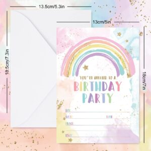 AnyDesign Rainbow Birthday Party Invitations with Envelopes Stickers Watercolor Birthday Paper Invitation Cards for Kids Party Celebration Supplies, Set of 20