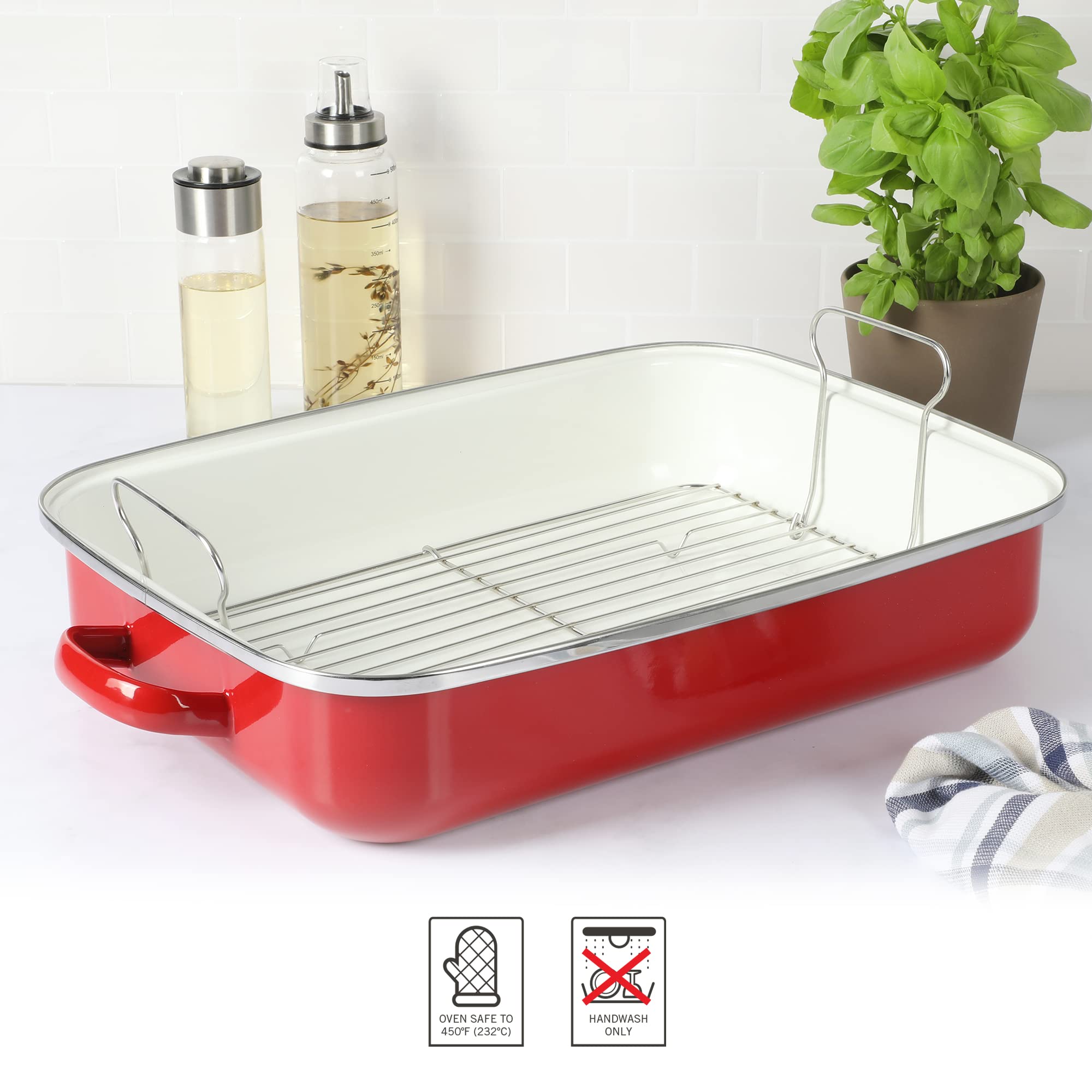 Martha Stewart Thayer 18" Enamel on Steel Roaster Pan w/Stainless Steel Rack - Red