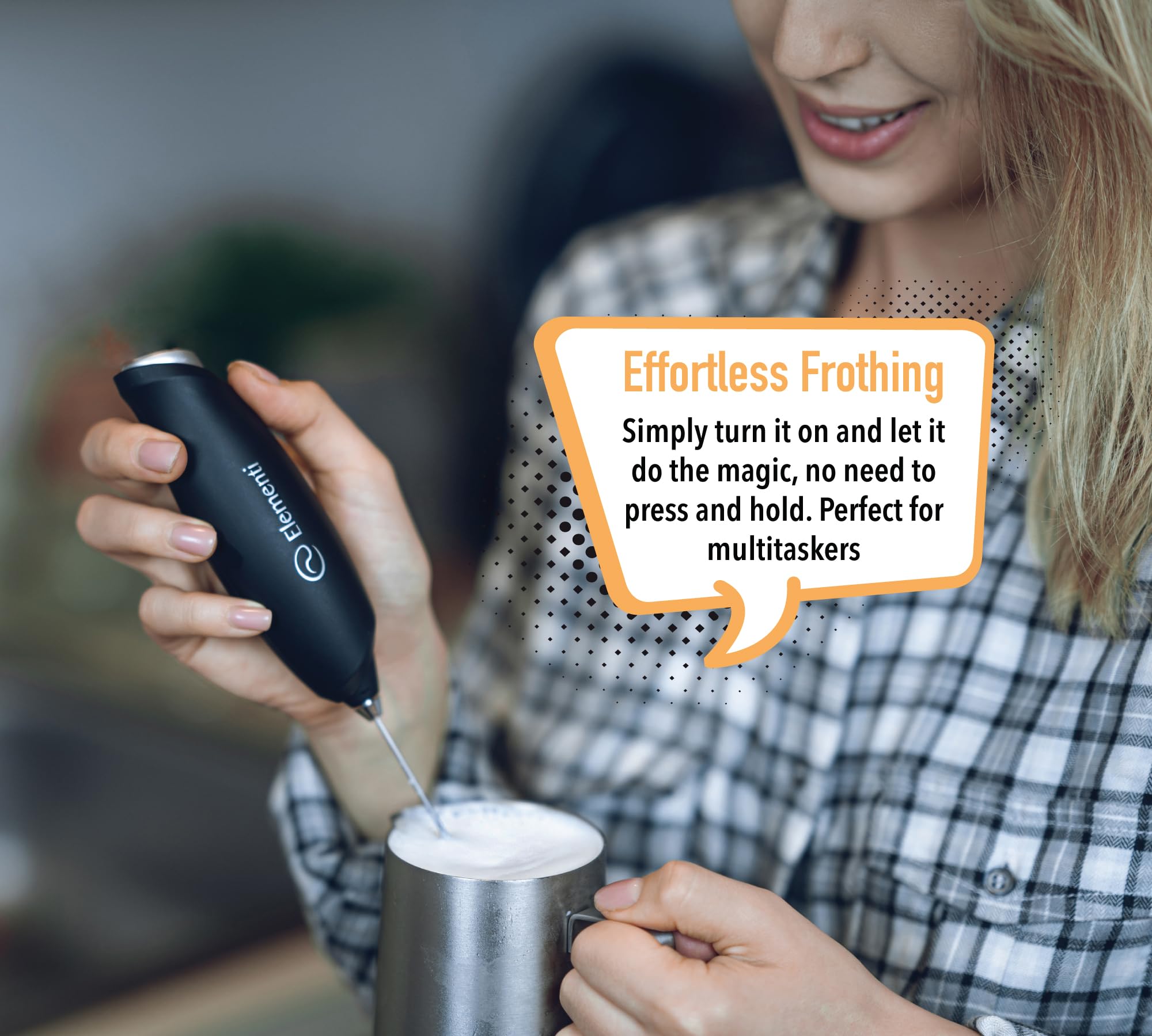 Elementi Milk Frother Wand - Coffee Frother Handheld - Drink Frother - Coffee Mixer Wand - Cold Foam Frother - Electric Stirrer for Drinks - Hand Held Mixer Wand (Black)