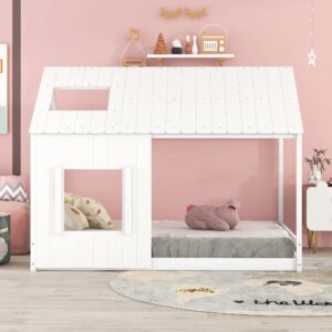 Bellemave House Bed Full Size Montessori Style Floor Frame Wood Kids Cabin Beds Fun Playhouse with Roof and Window for Girls Boys Teens, White