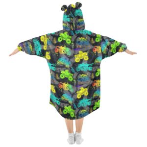 JHKKU Monster Truck Car Wearable Blankets for Kids, Oversized Flannel Blanket Hoodie for Kids, Warm Blanket Hoodie for Boys Girls with Pockets