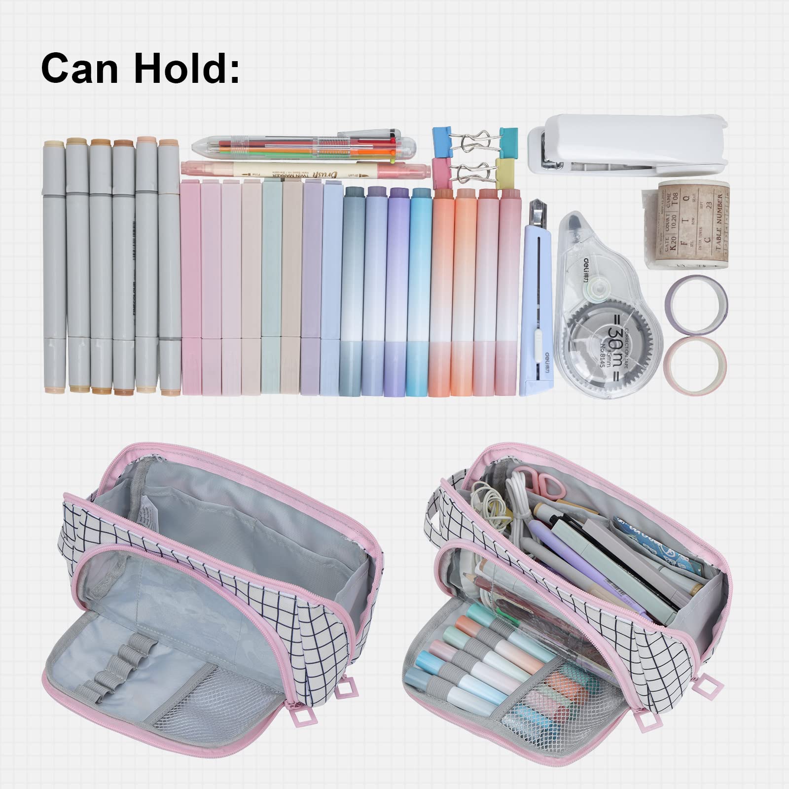 EOOUT Pencil Case Pouch, Big Capacity Pen Bag, Large Organized Cute Pen Case for School Stationery and Travel Cosmetics Storage (Plaid White)