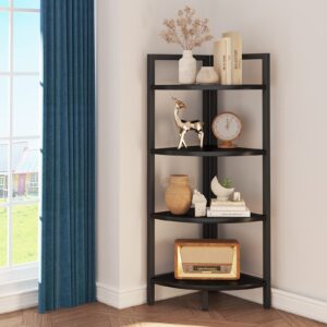 saygoer corner bookshelf 4 tier stand corner ladder shelf modern storage organizer bookcase industrial display rack shelves for small space, living room,home kitchen,office, black