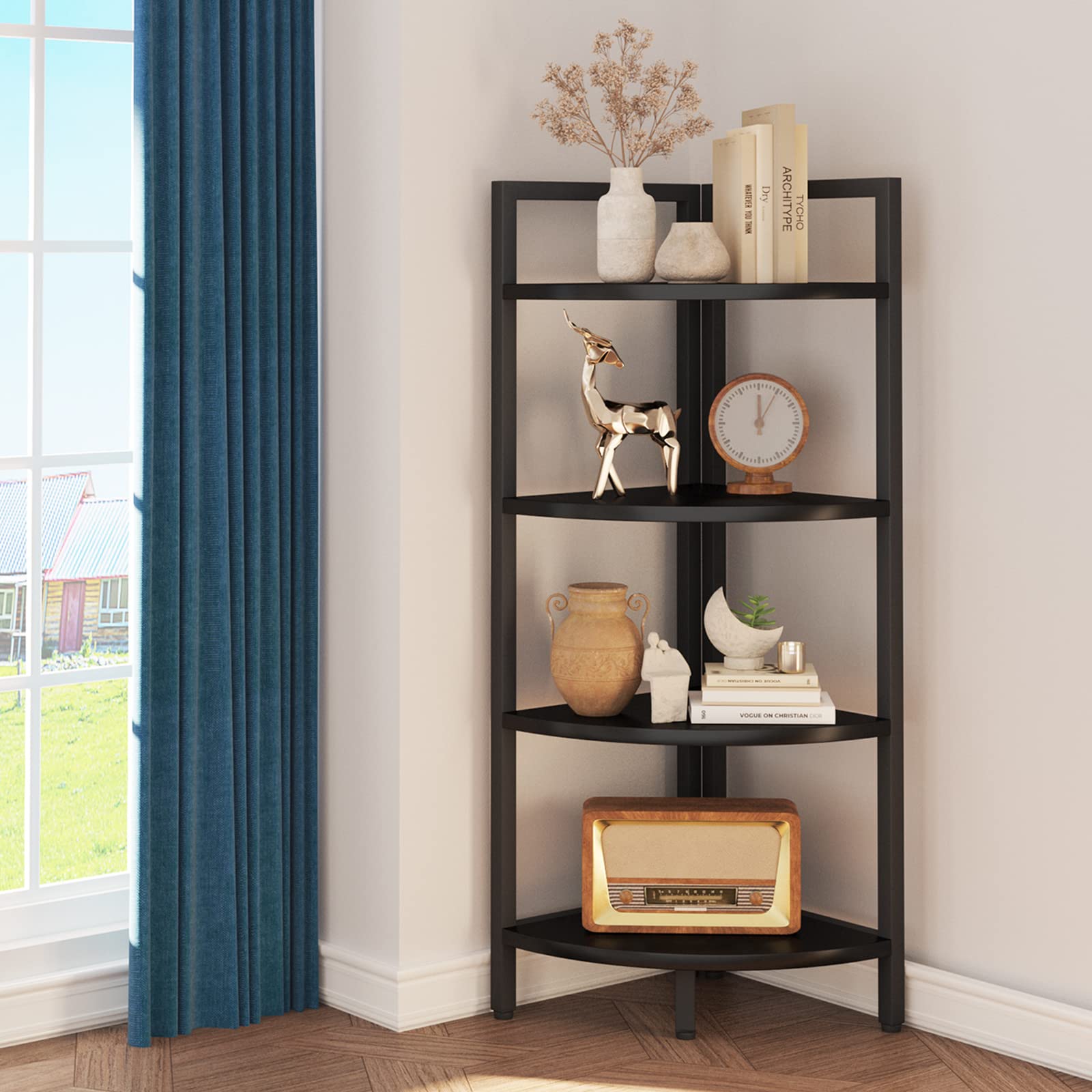 SAYGOER Corner Bookshelf 4 Tier Stand Corner Ladder Shelf Modern Storage Organizer Bookcase Industrial Display Rack Shelves for Small Space, Living Room,Home Kitchen,Office, Black