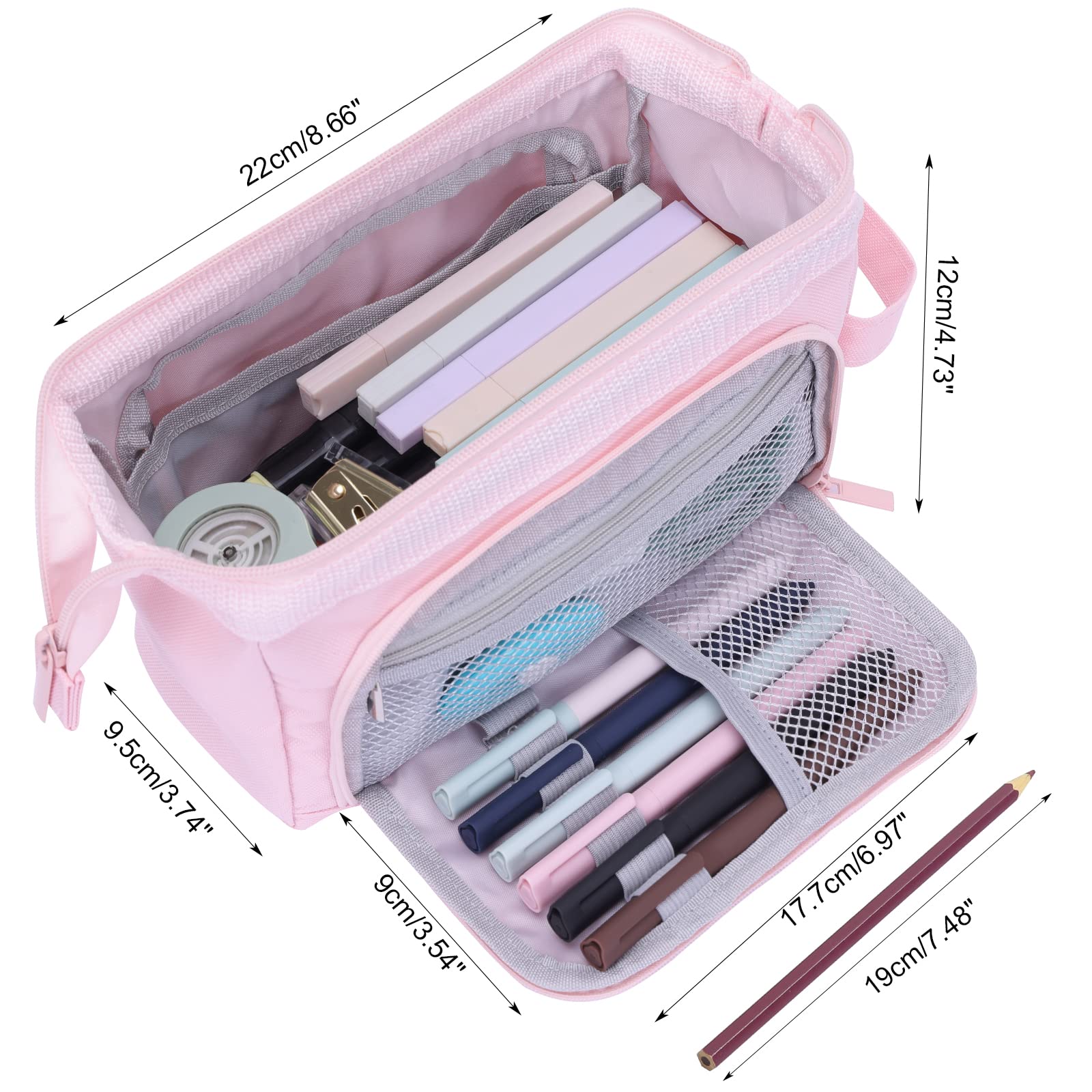 EOOUT Large Pencil Case, Big Capacity Pencil Bag with 3 Compartments, Can Hold 100 Pencils，Aesthetic School Supplies For Girls, Pink (Pink)