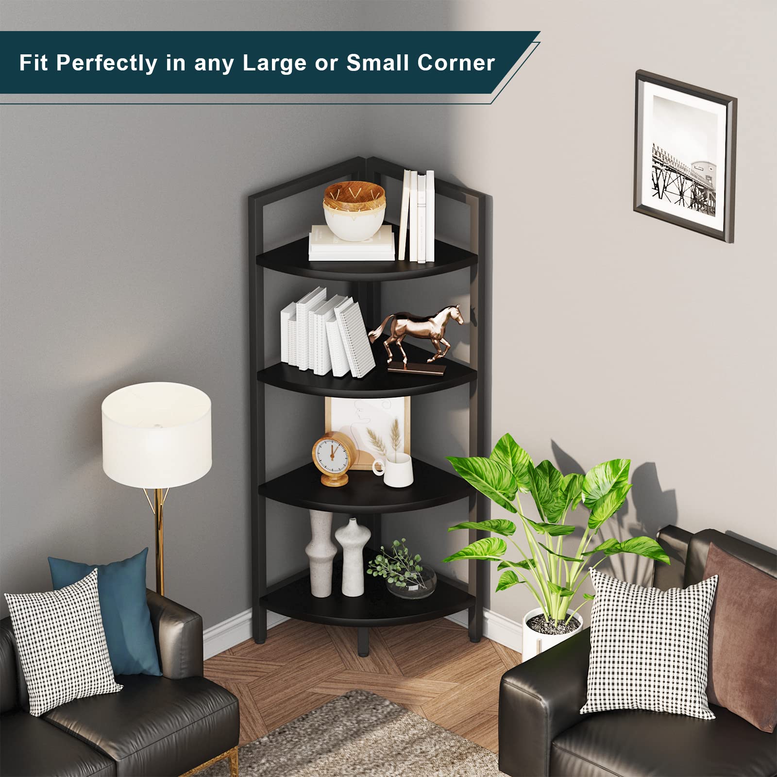 SAYGOER Corner Bookshelf 4 Tier Stand Corner Ladder Shelf Modern Storage Organizer Bookcase Industrial Display Rack Shelves for Small Space, Living Room,Home Kitchen,Office, Black